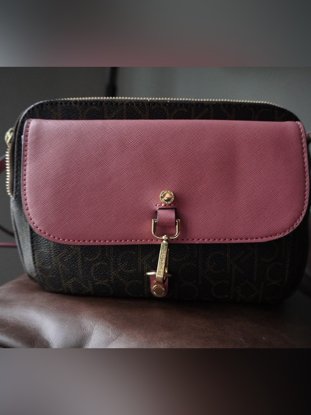 Calvin Klein Jeans Brown Monogram Crossbody with Mauve Flap